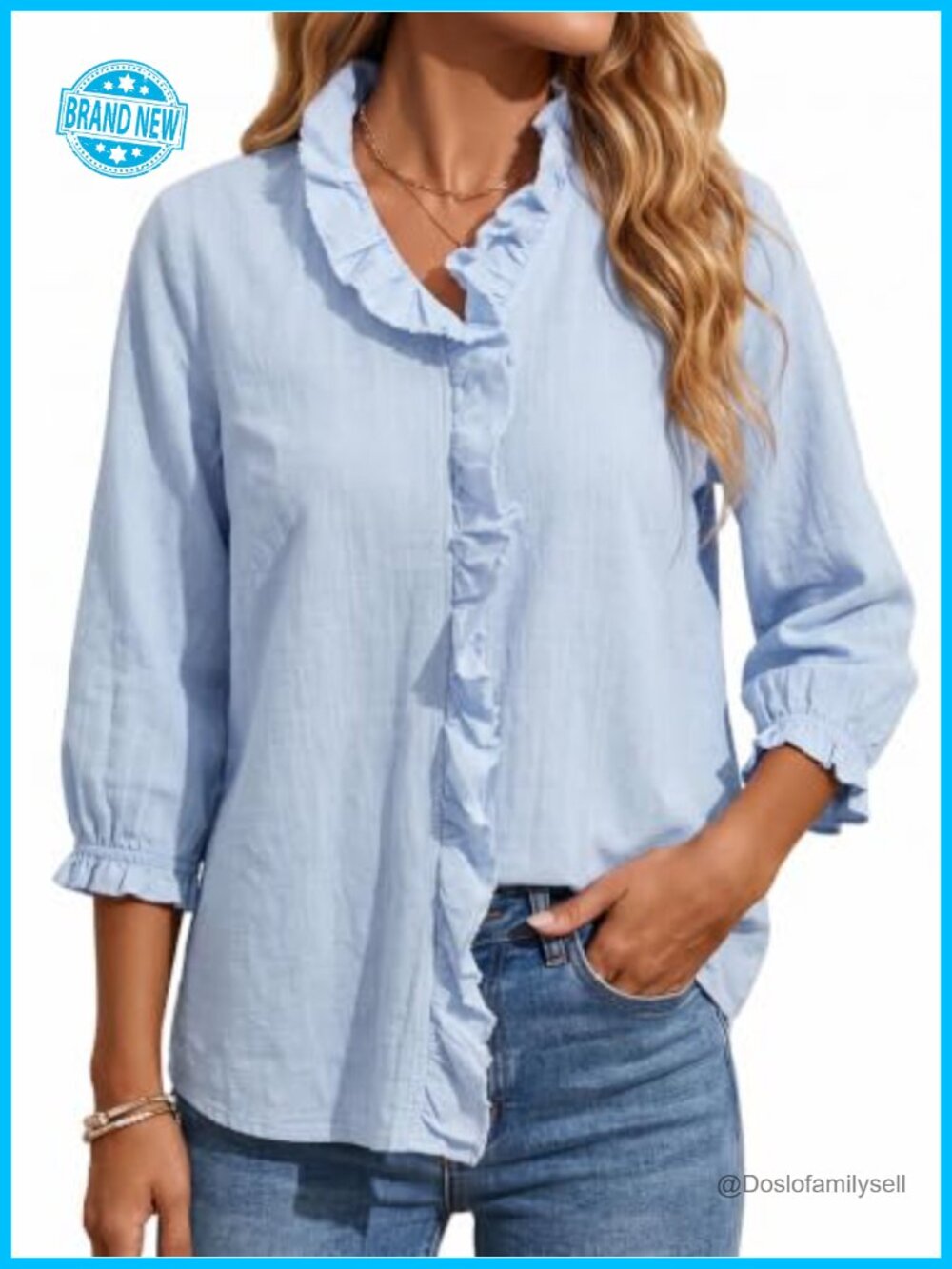 Women's 100% Cotton Ruffle Blouse 3/4 Sleeve Casual Top